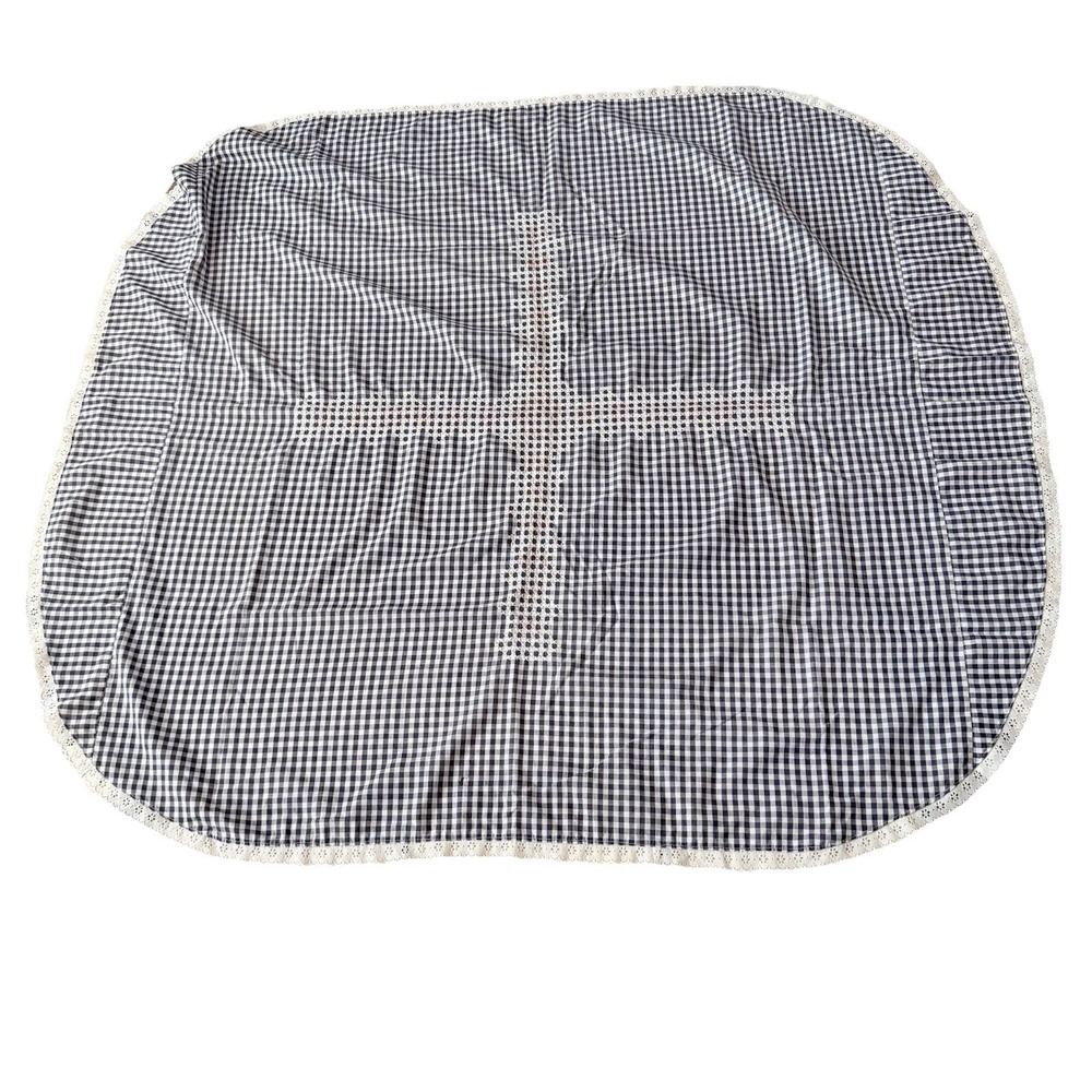 Small Vtg Blue White Gingham Tablecloth Embroidered Cross Lace Trim 55 x 48